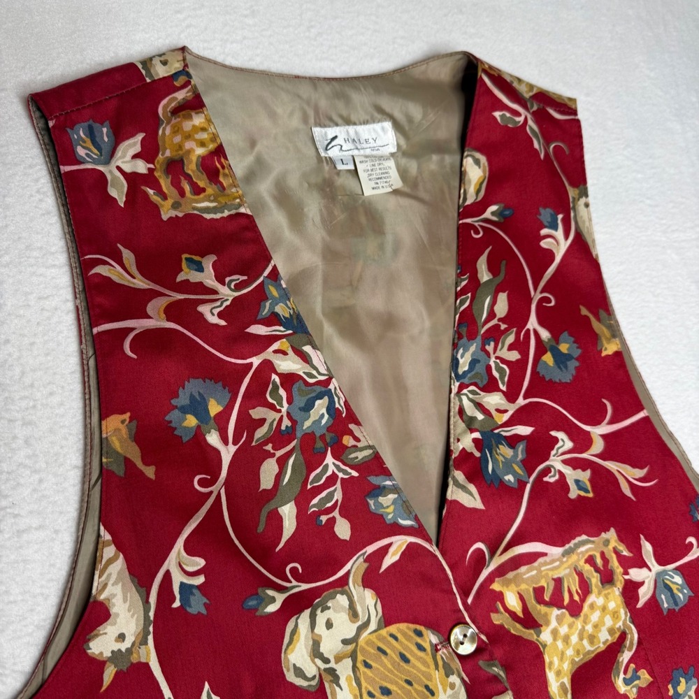 Vintage HALEY Women's Red Animal & Floral Print Sleeveless Vest made in USA L